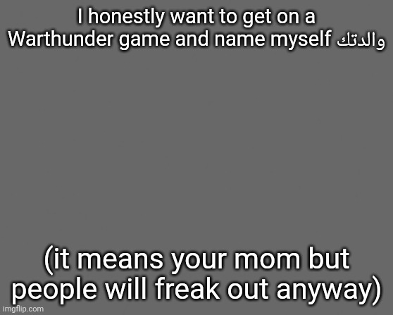 9 year old style and 97.539 IQ prank | I honestly want to get on a Warthunder game and name myself والدتك; (it means your mom but people will freak out anyway) | image tagged in gray blank | made w/ Imgflip meme maker