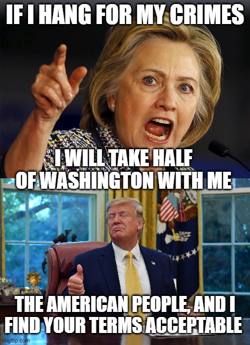 If a trial was held | IF I HANG FOR MY CRIMES; I WILL TAKE HALF OF WASHINGTON WITH ME; THE AMERICAN PEOPLE, AND I
FIND YOUR TERMS ACCEPTABLE | image tagged in terms,acceptable,hillary,trump | made w/ Imgflip meme maker