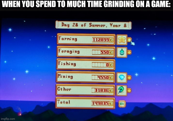 All this was just from summer | WHEN YOU SPEND TO MUCH TIME GRINDING ON A GAME: | image tagged in stardew valley | made w/ Imgflip meme maker