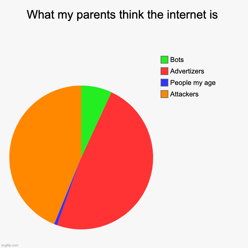 They got it wrong | What my parents think the internet is | Attackers, People my age, Advertizers, Bots | image tagged in charts,pie charts,parents | made w/ Imgflip chart maker
