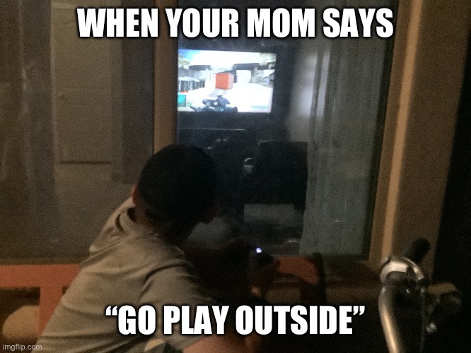 Gaming meme | WHEN YOUR MOM SAYS; “GO PLAY OUTSIDE” | image tagged in funny memes | made w/ Imgflip meme maker