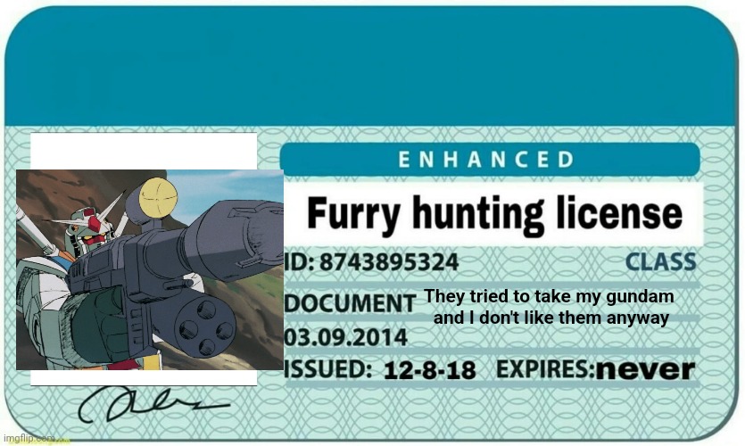 Furry hunting license | They tried to take my gundam 
and I don't like them anyway | image tagged in furry hunting license,gundam,kill | made w/ Imgflip meme maker