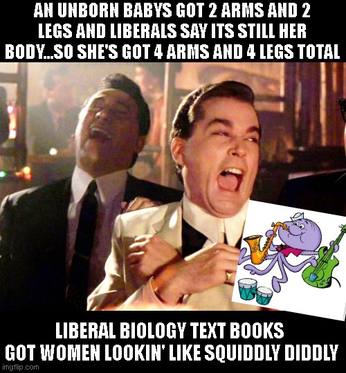 'its her body her choice!' | AN UNBORN BABYS GOT 2 ARMS AND 2 LEGS AND LIBERALS SAY ITS STILL HER BODY...SO SHE'S GOT 4 ARMS AND 4 LEGS TOTAL; LIBERAL BIOLOGY TEXT BOOKS  GOT WOMEN LOOKIN' LIKE SQUIDDLY DIDDLY | image tagged in memes,good fellas hilarious | made w/ Imgflip meme maker