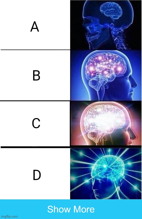 A; B; C; D | image tagged in memes,expanding brain,show more button | made w/ Imgflip meme maker