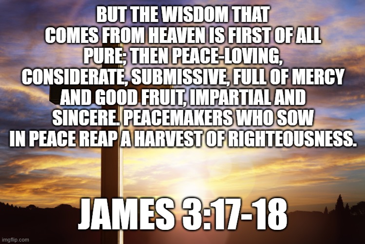 Bible Verse of the Day | BUT THE WISDOM THAT COMES FROM HEAVEN IS FIRST OF ALL PURE; THEN PEACE-LOVING, CONSIDERATE, SUBMISSIVE, FULL OF MERCY AND GOOD FRUIT, IMPARTIAL AND SINCERE. PEACEMAKERS WHO SOW IN PEACE REAP A HARVEST OF RIGHTEOUSNESS. JAMES 3:17-18 | image tagged in bible verse of the day | made w/ Imgflip meme maker