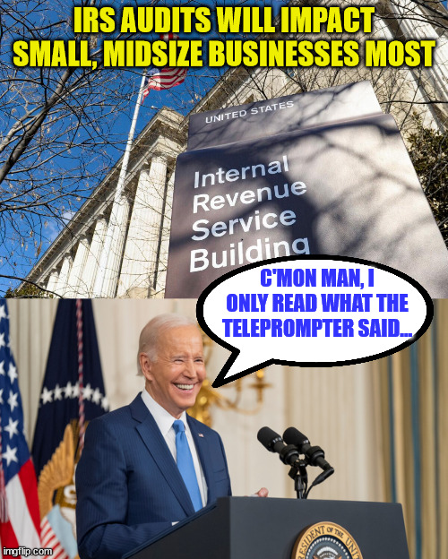 They lied to you about the IRS | IRS AUDITS WILL IMPACT SMALL, MIDSIZE BUSINESSES MOST; C'MON MAN, I ONLY READ WHAT THE TELEPROMPTER SAID... | image tagged in dementia,joe biden,lies,irs,nwo police state | made w/ Imgflip meme maker