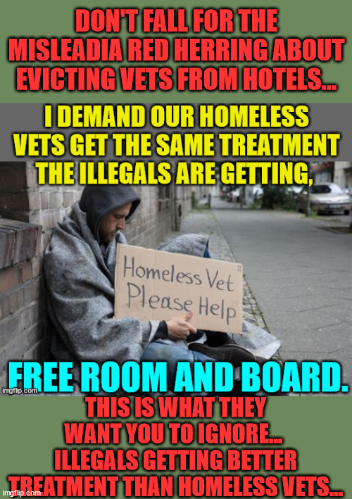 Taking care of  homeless Americans should come first. | DON'T FALL FOR THE MISLEADIA RED HERRING ABOUT EVICTING VETS FROM HOTELS... THIS IS WHAT THEY WANT YOU TO IGNORE...  ILLEGALS GETTING BETTER TREATMENT THAN HOMELESS VETS... | image tagged in homeless,americans,illegal aliens | made w/ Imgflip meme maker