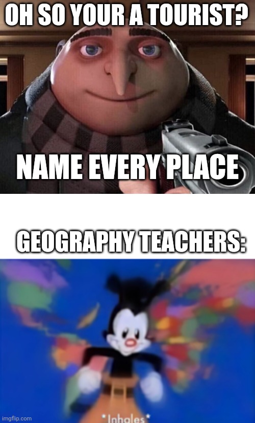 Mem | OH SO YOUR A TOURIST? NAME EVERY PLACE; GEOGRAPHY TEACHERS: | image tagged in gru gun | made w/ Imgflip meme maker