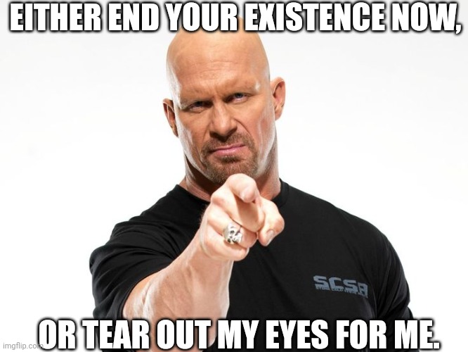 Bald tough guy pointing at you | EITHER END YOUR EXISTENCE NOW, OR TEAR OUT MY EYES FOR ME. | image tagged in bald tough guy pointing at you | made w/ Imgflip meme maker