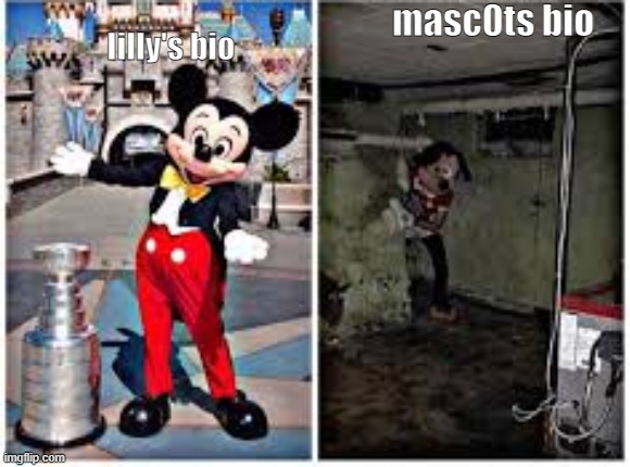 seriously though why is the mascots bio so scary | masc0ts bio; lilly's bio | image tagged in mickey mouse in disneyland | made w/ Imgflip meme maker