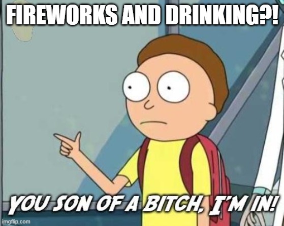 You son of a bitch, I'm in! | FIREWORKS AND DRINKING?! | image tagged in you son of a bitch i'm in | made w/ Imgflip meme maker