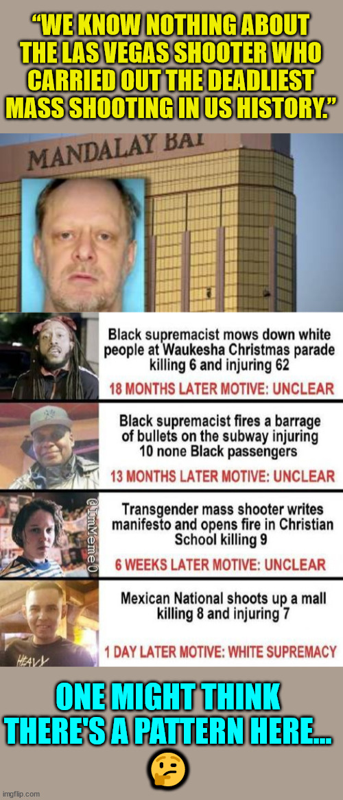 Definite similarities... | “WE KNOW NOTHING ABOUT THE LAS VEGAS SHOOTER WHO CARRIED OUT THE DEADLIEST MASS SHOOTING IN US HISTORY.”; ONE MIGHT THINK THERE'S A PATTERN HERE... 🤔 | image tagged in psychopaths and serial killers,unsolved mysteries | made w/ Imgflip meme maker