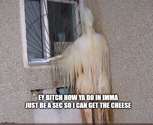 da chese | EY BITCH HOW YA DO IN IMMA JUST BE A SEC SO I CAN GET THE CHEESE | image tagged in scary,hilarious | made w/ Imgflip meme maker