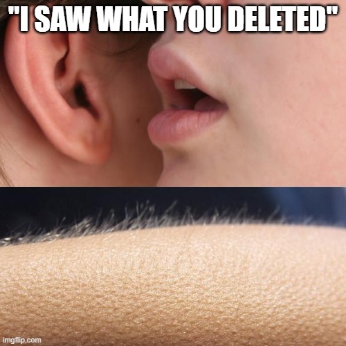 oh no | "I SAW WHAT YOU DELETED" | image tagged in whisper and goosebumps | made w/ Imgflip meme maker