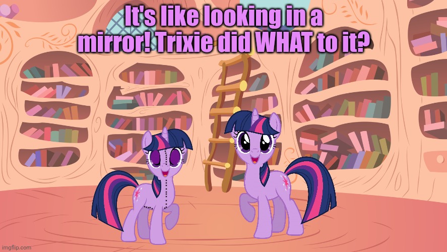 Mlp library | It's like looking in a mirror! Trixie did WHAT to it? | image tagged in mlp library | made w/ Imgflip meme maker