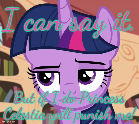 Unamused Twilight Sparkle (MLP) | I can say it. But if I do Princess Celestia will punish me! | image tagged in unamused twilight sparkle mlp | made w/ Imgflip meme maker