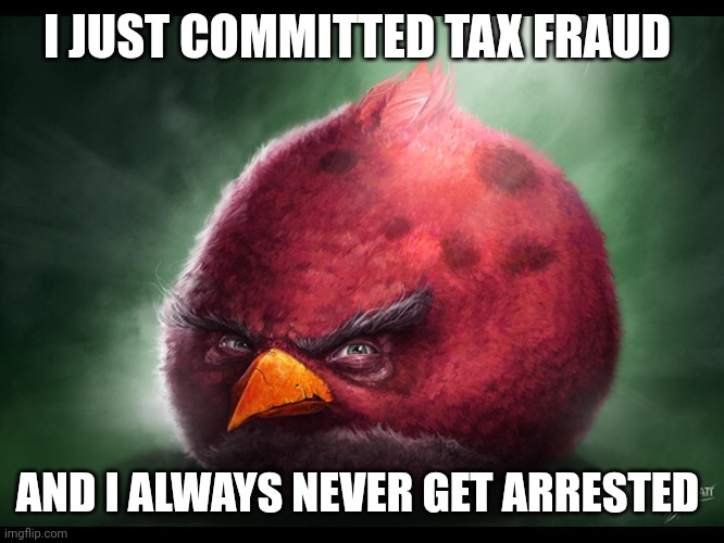 Tax fraud | I JUST COMMITTED TAX FRAUD; AND I ALWAYS NEVER GET ARRESTED | image tagged in realistic angry bird big red,taxes | made w/ Imgflip meme maker