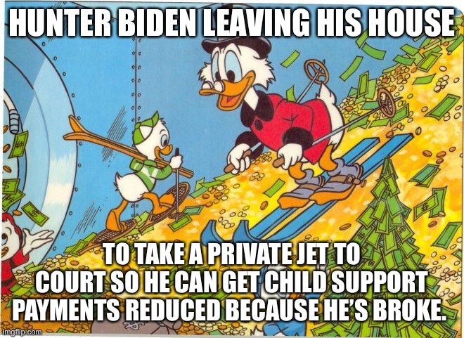 Scrooge McDuck Skiing on Money | HUNTER BIDEN LEAVING HIS HOUSE; TO TAKE A PRIVATE JET TO COURT SO HE CAN GET CHILD SUPPORT PAYMENTS REDUCED BECAUSE HE’S BROKE. | image tagged in scrooge mcduck skiing on money | made w/ Imgflip meme maker