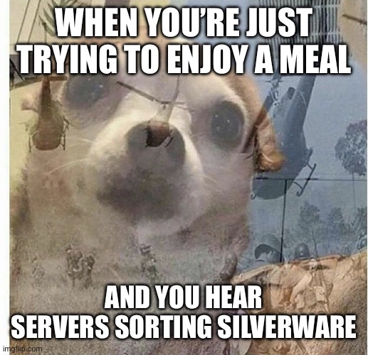 PTSD Chihuahua | WHEN YOU’RE JUST TRYING TO ENJOY A MEAL; AND YOU HEAR SERVERS SORTING SILVERWARE | image tagged in ptsd chihuahua,Serverlife | made w/ Imgflip meme maker