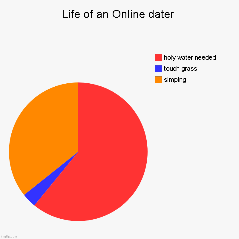 The Life Of An Online Dater | Life of an Online dater | simping, touch grass, holy water needed | image tagged in charts,pie charts,funny meme,funny memes,funny,memes | made w/ Imgflip chart maker