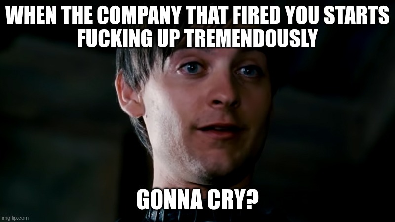 instant karma | WHEN THE COMPANY THAT FIRED YOU STARTS
FUCKING UP TREMENDOUSLY; GONNA CRY? | image tagged in gonna cry,please post | made w/ Imgflip meme maker