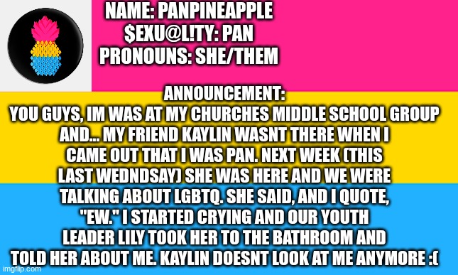 Announcement Template | NAME: PANPINEAPPLE
$EXU@L!TY: PAN
PRONOUNS: SHE/THEM; ANNOUNCEMENT:
YOU GUYS, IM WAS AT MY CHURCHES MIDDLE SCHOOL GROUP AND... MY FRIEND KAYLIN WASNT THERE WHEN I CAME OUT THAT I WAS PAN. NEXT WEEK (THIS LAST WEDNDSAY) SHE WAS HERE AND WE WERE TALKING ABOUT LGBTQ. SHE SAID, AND I QUOTE, "EW." I STARTED CRYING AND OUR YOUTH LEADER LILY TOOK HER TO THE BATHROOM AND TOLD HER ABOUT ME. KAYLIN DOESNT LOOK AT ME ANYMORE :( | image tagged in pan flag | made w/ Imgflip meme maker