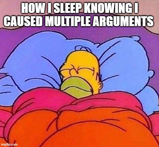 Homer Simpson sleeping peacefully | HOW I SLEEP KNOWING I CAUSED MULTIPLE ARGUMENTS | image tagged in homer simpson sleeping peacefully | made w/ Imgflip meme maker