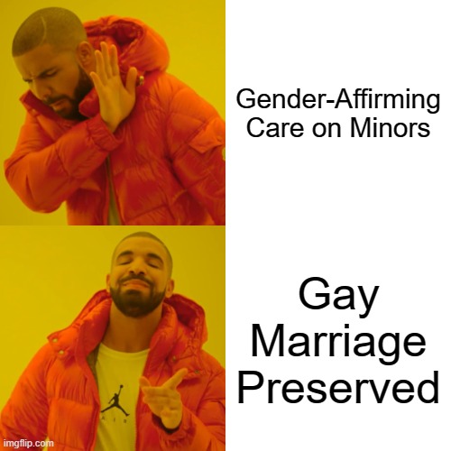 Gay Marriage is necessary. Gender-Affirming Care, not so much | Gender-Affirming Care on Minors; Gay Marriage Preserved | image tagged in memes,drake hotline bling | made w/ Imgflip meme maker