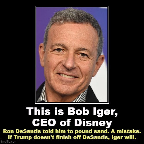 Disney knows more about politics than DeSantis does. | This is Bob Iger,
CEO of Disney | Ron DeSantis told him to pound sand. A mistake.
If Trump doesn't finish off DeSantis, Iger will. | image tagged in demotivationals,ron desantis,fight,disney,mouse,wins | made w/ Imgflip demotivational maker