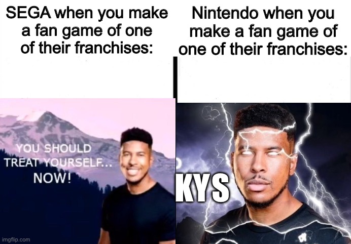 LowTierGod Becomes Angry | SEGA when you make a fan game of one of their franchises:; Nintendo when you make a fan game of one of their franchises:; Y; K   S | image tagged in lowtiergod becomes angry | made w/ Imgflip meme maker