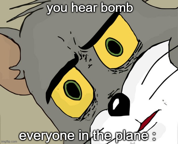 Unsettled Tom Meme | you hear bomb; everyone in the plane : | image tagged in memes,unsettled tom | made w/ Imgflip meme maker