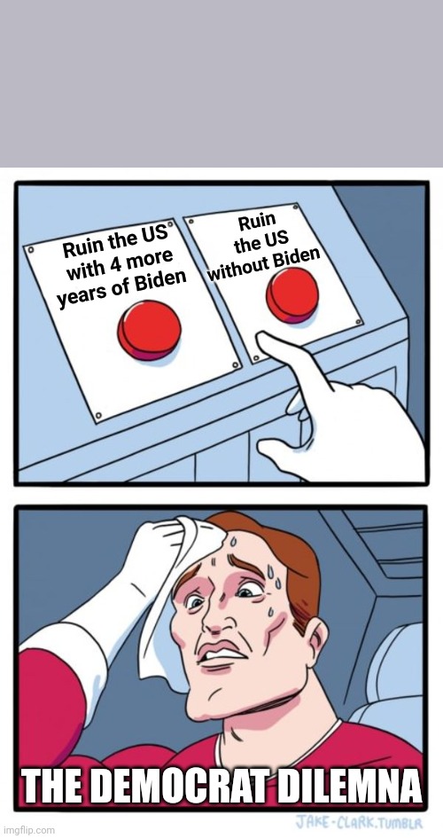 Two Buttons Meme | Ruin the US with 4 more years of Biden Ruin the US without Biden THE DEMOCRAT DILEMNA | image tagged in memes,two buttons | made w/ Imgflip meme maker