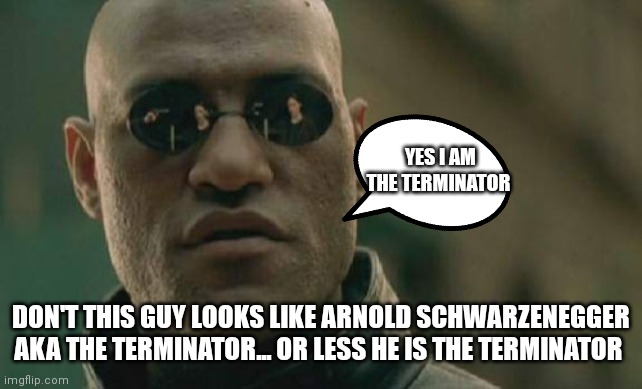 He's probably secretly the terminator | YES I AM THE TERMINATOR; DON'T THIS GUY LOOKS LIKE ARNOLD SCHWARZENEGGER AKA THE TERMINATOR... OR LESS HE IS THE TERMINATOR | image tagged in memes,matrix morpheus,funny memes,terminator,matrix | made w/ Imgflip meme maker