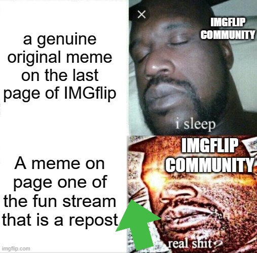 thats me | a genuine original meme on the last page of IMGflip; IMGFLIP COMMUNITY; IMGFLIP COMMUNITY; A meme on page one of the fun stream that is a repost | image tagged in memes,sleeping shaq | made w/ Imgflip meme maker