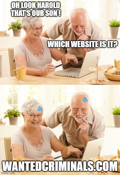 Hide The Pain Harold and Wife | OH LOOK HAROLD THAT'S OUR SON ! WHICH WEBSITE IS IT? WANTEDCRIMINALS.COM | image tagged in hide the pain harold and wife | made w/ Imgflip meme maker