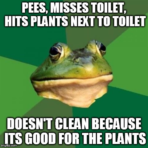 Foul Bachelor Frog Meme | PEES, MISSES TOILET, HITS PLANTS NEXT TO TOILET DOESN'T CLEAN BECAUSE ITS GOOD FOR THE PLANTS | image tagged in memes,foul bachelor frog | made w/ Imgflip meme maker