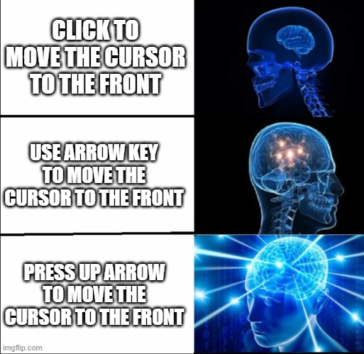 WHO USE THE THIRD ONE? | CLICK TO MOVE THE CURSOR TO THE FRONT; USE ARROW KEY TO MOVE THE CURSOR TO THE FRONT; PRESS UP ARROW TO MOVE THE CURSOR TO THE FRONT | image tagged in galaxy brain 3 brains | made w/ Imgflip meme maker