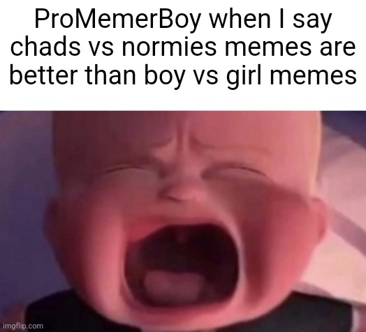 ProMemerBoy needs a diaper change | ProMemerBoy when I say chads vs normies memes are better than boy vs girl memes | image tagged in boss baby crying,memes,memer,boy | made w/ Imgflip meme maker