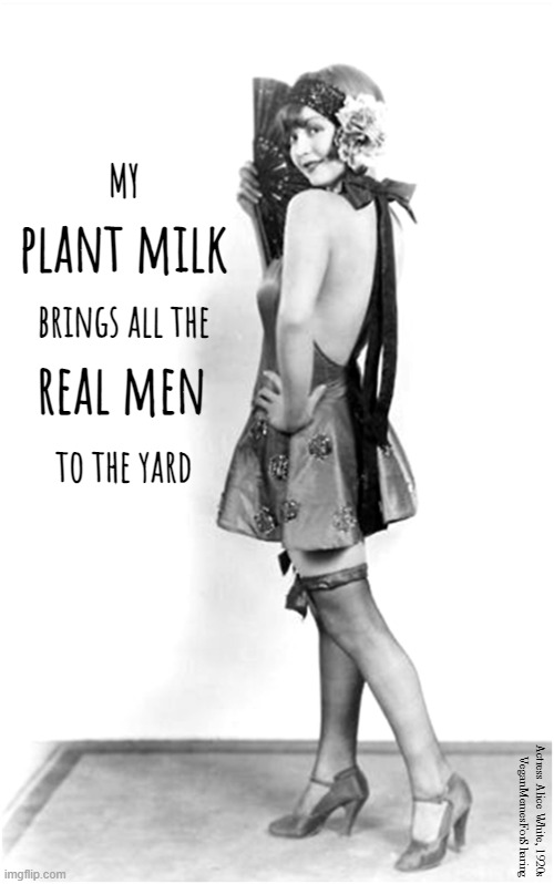 Dairy is Scary | MY; plant milk; brings all the; real men; to the yard; Actress Alice White, 1920s
VeganMemesForSharing | image tagged in vegan,veganism,cheese,milk,milkshake,cows | made w/ Imgflip meme maker
