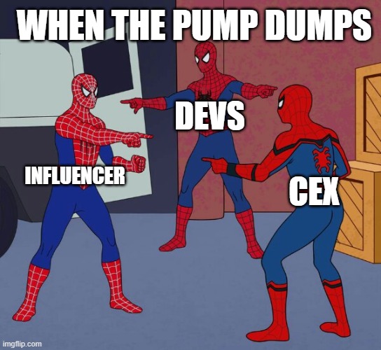 Crypto Bros | WHEN THE PUMP DUMPS; DEVS; INFLUENCER; CEX | image tagged in spider man triple,crypto,trading,social media,influencer | made w/ Imgflip meme maker