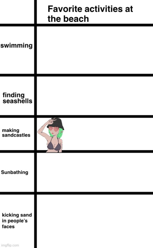 Inkmatas can't swim so she makes sandcastles | image tagged in favorite activities at the beach | made w/ Imgflip meme maker