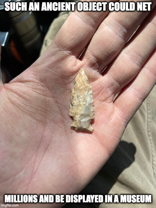 Ancient Arrow Head | SUCH AN ANCIENT OBJECT COULD NET; MILLIONS AND BE DISPLAYED IN A MUSEUM | image tagged in arrow head,memes,artifact | made w/ Imgflip meme maker