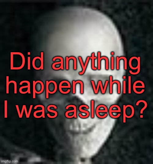 Gm chat | Did anything happen while I was asleep? | image tagged in skull | made w/ Imgflip meme maker