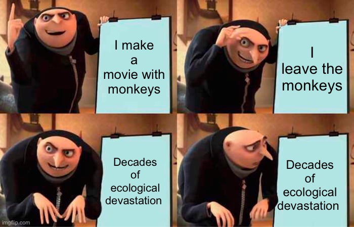 Monkeys in Florida | I make a movie with monkeys; I leave the monkeys; Decades of ecological devastation; Decades of ecological devastation | image tagged in memes,gru's plan | made w/ Imgflip meme maker