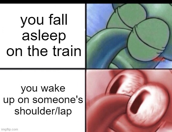cause' i don't wanna die tonight | you fall asleep on the train; you wake up on someone's shoulder/lap | image tagged in squidward sleeping | made w/ Imgflip meme maker