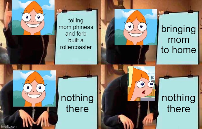 Phineas and ferb be like: | telling mom phineas and ferb built a rollercoaster; bringing mom to home; nothing there; nothing there | image tagged in memes,gru's plan,phineas and ferb,i worry about you sometimes candace | made w/ Imgflip meme maker