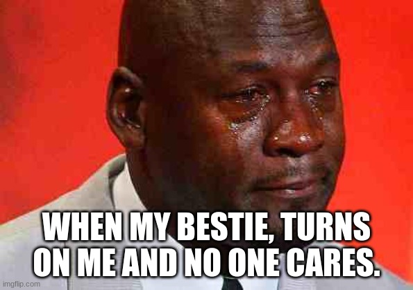 It has happened! | WHEN MY BESTIE, TURNS ON ME AND NO ONE CARES. | image tagged in crying michael jordan | made w/ Imgflip meme maker