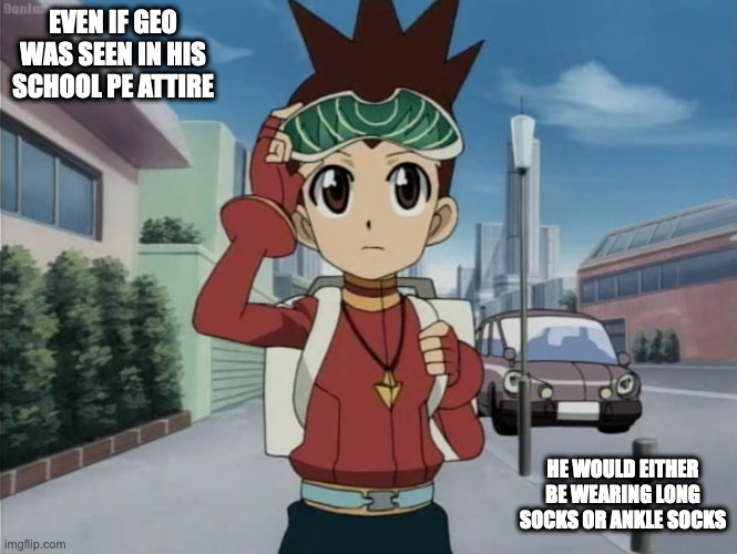 Geo Heading to School | EVEN IF GEO WAS SEEN IN HIS SCHOOL PE ATTIRE; HE WOULD EITHER BE WEARING LONG SOCKS OR ANKLE SOCKS | image tagged in geo stelar,megaman,megaman star force,anime,memes | made w/ Imgflip meme maker