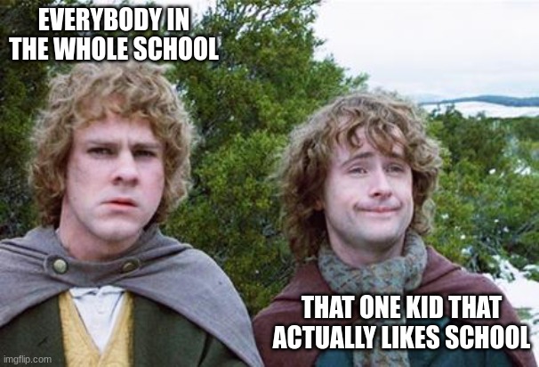 Yep, so true | EVERYBODY IN THE WHOLE SCHOOL; THAT ONE KID THAT ACTUALLY LIKES SCHOOL | image tagged in second breakfast | made w/ Imgflip meme maker