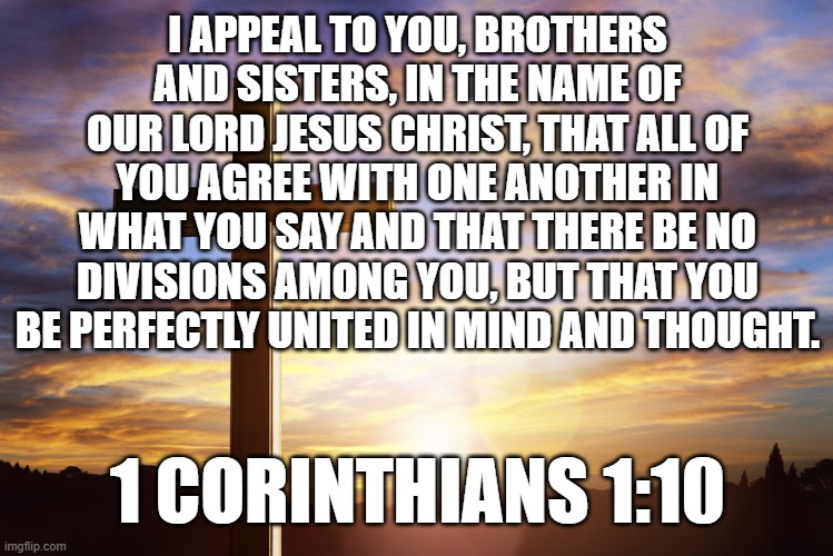Bible Verse of the Day | I APPEAL TO YOU, BROTHERS AND SISTERS, IN THE NAME OF OUR LORD JESUS CHRIST, THAT ALL OF YOU AGREE WITH ONE ANOTHER IN WHAT YOU SAY AND THAT THERE BE NO DIVISIONS AMONG YOU, BUT THAT YOU BE PERFECTLY UNITED IN MIND AND THOUGHT. 1 CORINTHIANS 1:10 | image tagged in bible verse of the day | made w/ Imgflip meme maker